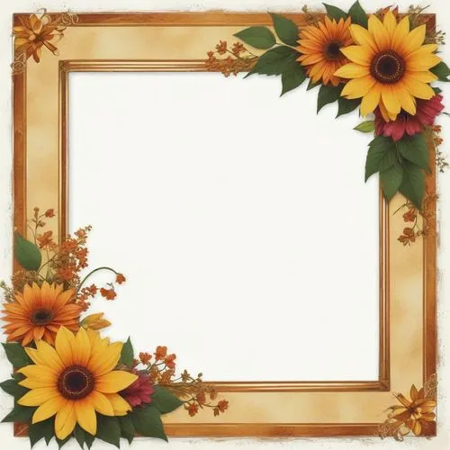 an empty golden frame with sunflowers and leaves,floral silhouette frame,floral frame,flower frame,flower border frame,flowers frame,flower frames