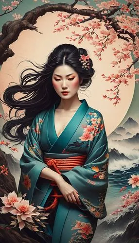 japanese art,oriental painting,geisha girl,geisha,japanese floral background,oiran,Photography,General,Fantasy