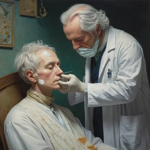 A doctor examines a patient with a mysterious white rash covering their calyx.,physician,dentist,theoretician physician,dermatologist,doctor's room,doctors,medical illustration,medical icon,patients,d