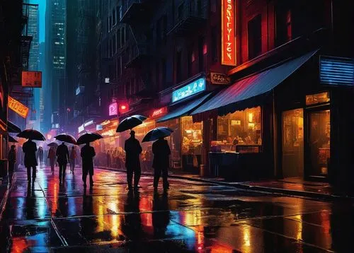 bladerunner,umbrellas,cyberpunk,walking in the rain,neon arrows,rain bar,neon ghosts,nighthawks,nightstalkers,nightlife,soir,replicants,world digital painting,noir,neon coffee,in the rain,soho,metropolis,downpour,dystopian,Illustration,American Style,American Style 08