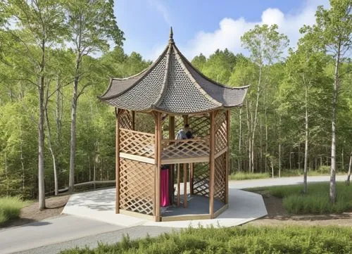 A wooden pavilion surrounded by trees and has a road connecting to it. Have some people siting in the pavilion. Keep the same structure as in the image,sketchup,children's playhouse,treehouses,3d rend