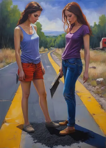 Create a dialogue between two characters discussing the construction of a new asphalt road.,road marking,street chalk,street artists,chalk drawing,oil painting,slippery road,oil painting on canvas,pai