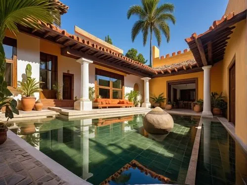 DISEÑO DE UNA CASA ESTILO MEXICANO MODERNO, CON UN CLAUSTRO CONFORMADO POR UNA TERRAZA  A BASE DE VIGAS DE MADERA, TEJA, COLUMNAS REDONDAS, EN EL CENTRO UN ESPEJO DE AGUA, CON EL ESTILO DE LA ARQUITEC