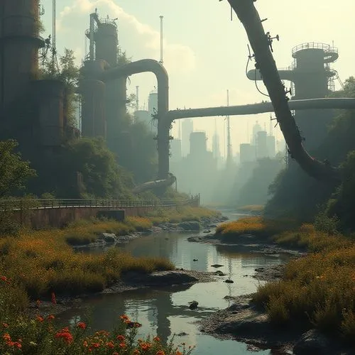 industrial landscape,overgrowth,refinery,hinterlands,industrial ruin,environments,cosmodrome,futuristic landscape,westfall,ecotopia,swampy landscape,refineries,industrial area,heartlands,riverlands,oil refinery,industries,environment,wasteland,refineria,Photography,General,Realistic