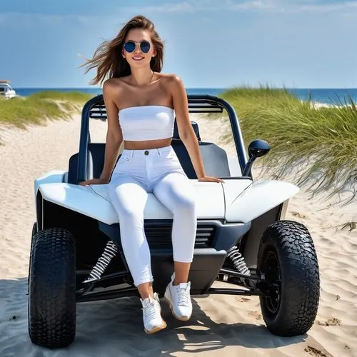 A young woman wearing a white strapless shirt and legging riding beach buggy at the beach,beach buggy,jeep wrangler,electric golf cart,golf cart,wrangler,quad bike,4wheeler,girl on the dune,four wheel