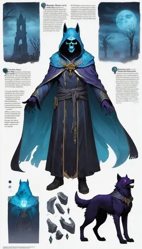 schipperke,black shepherd,magus,imperial coat,dodge warlock,cloak,concept art,blue enchantress,undead warlock,black raven,nightshade family,magic grimoire,king of the ravens,druids,grimm reaper,scythe,mage,constellation wolf,posavac hound,howling wolf,Unique,Design,Character Design