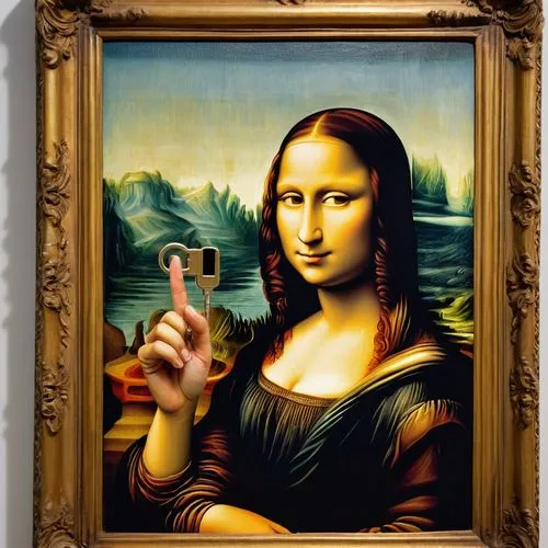 woman pointing,mona lisa,woman holding a smartphone,pointing woman,lady pointing,gioconda,mona,monalisa,sfumato,the gesture of the middle finger,davinci,artstor,perugino,vinci,pinturicchio,uffizi,painting technique,finger art,tiziano,leonardo,Art,Classical Oil Painting,Classical Oil Painting 03