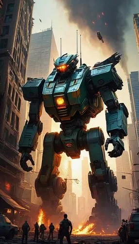 A giant humanoid mecha towering over buildings. The mecha has a bio-organic aesthetic. Incorporate scratches and dents on the mecha. Helicopters flying in the sky. Surrounded by smoke, fires, metal sp