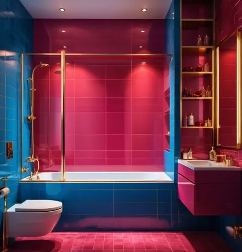 a bathroom with a blue and gold tile and bright red fixtures, in the style of dark magenta and light magenta, contemporary faux naïf, subdued palette, irridescent, playful yet dark, detailed, asymmetr