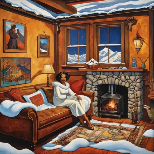 Visualize yourself in a cozy cabin surrounded by snow-covered mountains and a crackling fireplace.,warm and cozy,snowed in,winter house,snow scene,snowhotel,david bates,warmth,christmas fireplace,chri