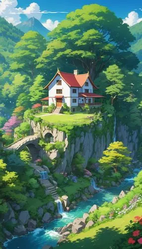 ghibli,studio ghibli,home landscape,house in mountains,summer cottage,house in the mountains,landscape background,house in the forest,forest house,butka,little house,dreamhouse,cottage,lonely house,high landscape,japan landscape,cliffside,teahouse,hillside,countryside,Illustration,Japanese style,Japanese Style 03