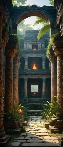 Mayan architecture, ancient ruins, mysterious atmosphere, stone walls, intricate carvings, dimly lit, torches, grand halls, high ceilings, ornate pillars, vibrant frescoes, mystical symbols, lush gree