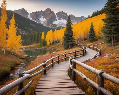 fall landscape,autumn mountains,autumn landscape,wooden bridge,autumn background,autumn scenery,hiking path,nature landscape,mountain landscape,beautiful landscape,golden autumn,autumn idyll,autumn forest,nature wallpaper,landscape background,scenic bridge,colors of autumn,maroon bells,larches,mountain meadow,Art,Classical Oil Painting,Classical Oil Painting 35