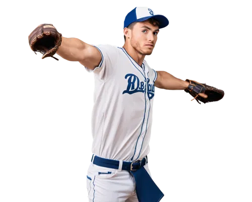 Male athlete, 3D pitcher, baseball uniform, white jersey, blue pants, athletic build, muscular arms, focused expression, sweaty forehead, messy short hair, worn-out baseball glove, holding baseball, t