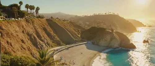 Pacific Coast Highway, Arcadia, California, sunny afternoon, clear blue sky, palm trees swaying gently, rugged coastline, rocky cliffs, crashing waves, sea spray, misty atmosphere, scenic overlook, wi