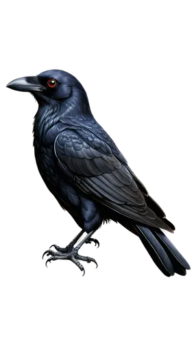 Black crow, perched, solo, majestic pose, detailed feathers, glossy eyes, strong beak, wings spread wide, dark background, soft focus, cinematic lighting, shallow depth of field, 3/4 composition, warm