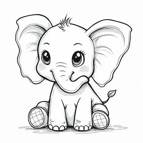 dumbo,elephant line art,tembo,baby elephant,tantor,girl elephant,Illustration,Black and White,Black and White 04