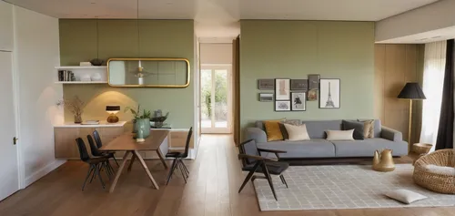 An American-style space design residential space that skillfully integrates living room and dining elements. The left side comprises the dining area, featuring a natural wood table and four linen-upho