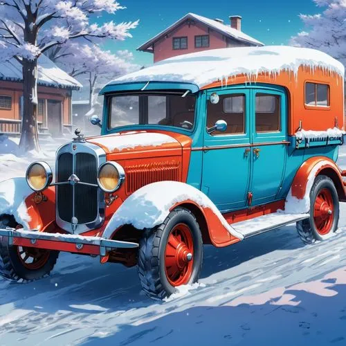 christmas retro car,christmas truck,christmas car,snow scene,snowplow,christmas cars,Illustration,Japanese style,Japanese Style 03