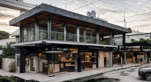 The image depicts a skyscraper adorned with sleek black appliances and high-tech appliances, surrounded by a cityscape of sleek metal buildings. The exterior façade is a stunning blend of urban and na