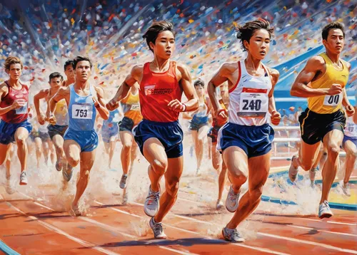 racewalking,4 × 400 metres relay,finish line,modern pentathlon,oil on canvas,feathered race,middle-distance running,long-distance running,oil painting on canvas,han thom,olympic summer games,multi-sport event,danila bagrov,marathon,pentathlon,oil painting,steeplechase,1986,athletics,800 metres,Conceptual Art,Oil color,Oil Color 10