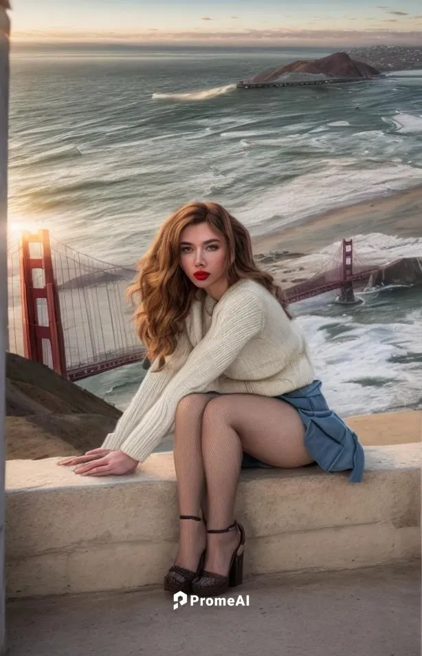 a portrait of a beautiful Scarlett Johansson 24 years old, brown hair, red lips, wearing a white wool Sweater and blue miniskirt sitting in a little wall at sunset white the Golden Gate Bridge in San 