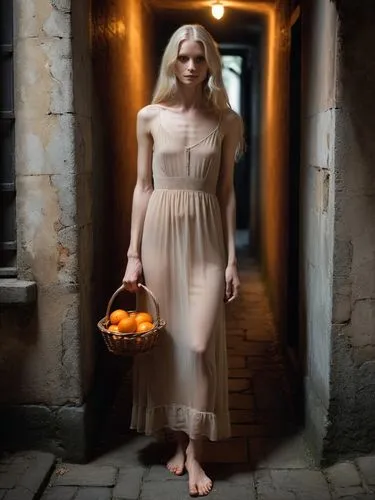 The picture shows a young skinny woman with long, platinum blonde hair standing in a narrow, dark corridor or street. There is a gloomy, mysterious atmosphere. The woman is wearing a long, transparent