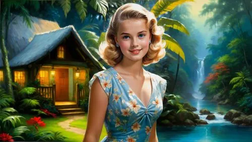 Romantic masterpiece oil painting, beautiful girl portrait, nostalgic 1950's style kitsch, vibrant rainforest bungalow landscape, lush tropical jungle paradise, summer beach scenery, by Thomas Kinkade