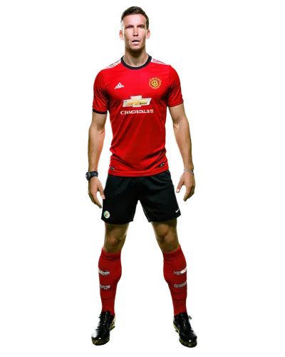 Premier League footballer, dynamic pose, muscular build, athletic wear, football jersey, shorts, shin guards, cleats, intense facial expression, sweat droplets, stadium lights, dramatic shadows, 3/4 c