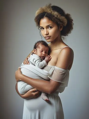 A young mother, her arms full of newborn babies.,a woman in white holding a baby wrapped up in a blanket,breastfeeding,childbirths,breastfeed,childlessness,postnatal,breastfed,Photography,Documentary 