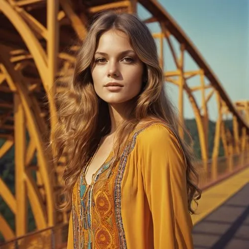 yellow jumpsuit,bohemian,yellow brown,golden bridge,boho,autumn gold,gypsy hair,yellow orange,vintage woman,golden color,warm colors,ukrainian,young woman,female model,golden autumn,gold filigree,golden yellow,yellow color,women clothes,women fashion,Photography,General,Natural