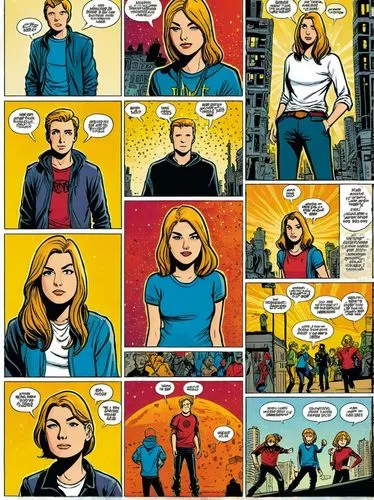 Design a fun comic page for a youth magazine.,the comics page has a woman on it,comic speech bubbles,comic book,superhero comic,comicbook,comic characters,newsarama,Illustration,Vector,Vector 11