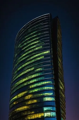 Modern sections architecture, futuristic skyscraper, glass and steel structure, sleek lines, curved edges, rooftop garden, cityscape view, nighttime lighting, neon lights reflecting off glass facade, 