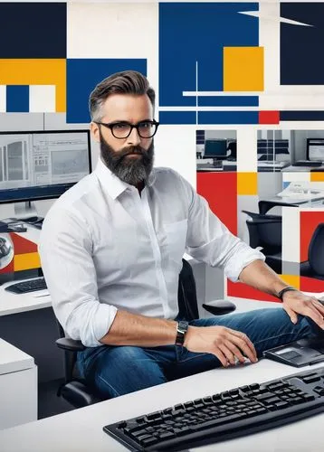 Solution architect, male, mature, beard, glasses, white shirt, dark blue jeans, sitting, desk, multiple monitors, keyboards, AEM dashboard, Adobe logo, modern office, cityscape, daytime, natural light