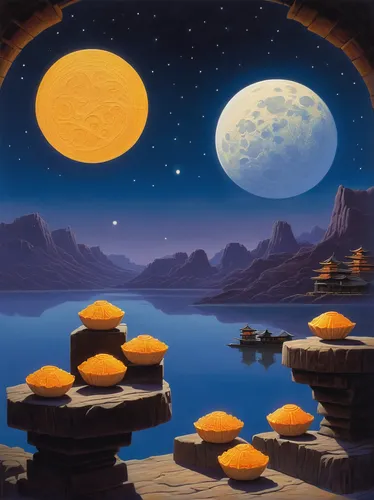 lunar landscape,mid-autumn festival,mushroom landscape,moon valley,moon cake,moonscape,futuristic landscape,valley of the moon,mushroom island,moons,fantasy landscape,mooncakes,desert landscape,night scene,desert desert landscape,background with stones,epcot center,herfstanemoon,stone desert,pancake rocks,Conceptual Art,Sci-Fi,Sci-Fi 15