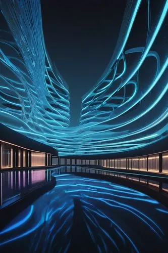 Bioluminescent, futuristic, organic, curved lines, wavy patterns, iridescent materials, translucent facade, undulating roof, twisting columns, fluidic shapes, neon lights, glowing accents, metallic st