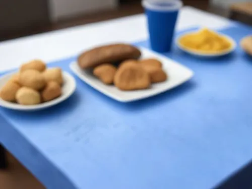 a blue table topped with plates of food and drinks,coxinha,defocus,nuggets,gougeres,potatoes,bread rolls