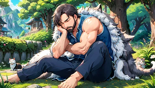 nine-tailed,howl,gray wolf,blue tiger,wolf,garp fish,royal tiger,male character,dragon li,forest king lion,gryphon,big cat,wolf couple,sits on away,akita,kitsune,lion father,wuchang,shepherd,kurai steppe,Anime,Anime,Traditional