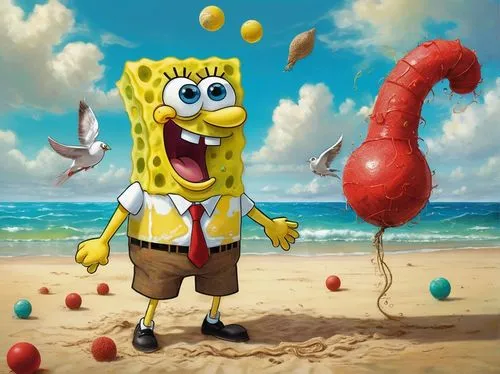 Shriveled worm SpongeBob, excited facial expression, bright blue eyes, porous yellow skin, white shirt with a red tie, brown square pants, optimistic posture, standing on a sandy beach, clear turquois