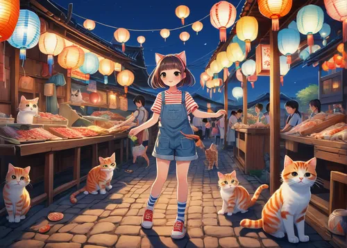 cat's cafe,lanterns,alley,rescue alley,izakaya,shopping street,mid-autumn festival,pet shop,street cat,studio ghibli,alleyway,anime japanese clothing,festival,cat supply,animal lane,kitsune,market,street fair,akko,dream world,Illustration,Realistic Fantasy,Realistic Fantasy 26