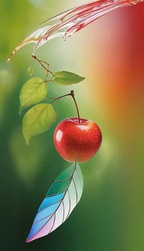 Colorful frutiger aero fruit, hovering in mid-air, transparent wings, sparkling rainbow tail, shiny bright red skin, juicy pulp visible through the translucent surface, delicate green leaves attached 