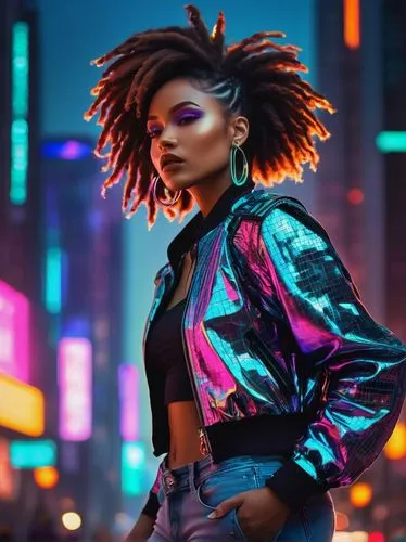 neon makeup,neon light,neon colors,neon lights,neon body painting,neon,cyberpunk,80s,futuristic,vibrant,colorful light,vibrant color,intense colours,ultraviolet,colorful,retro woman,bolero jacket,afroamerican,neon candies,colorful background,Photography,Fashion Photography,Fashion Photography 12