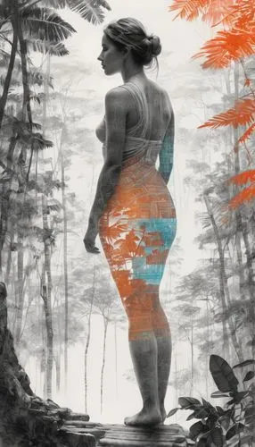 (double exposure pencli color drawing:1.4), by Alyssa Monks, silhouette of mannerism Mayan woman portrait at the silhouette jungle temple, Mayan folklore, (double exposure textures:1.3), (multi layeri