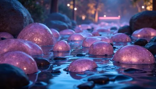 spheres,bokeh lights,ambient lights,fairy lanterns,glass balls,lava balls,3d render,waterdrops,lanterns,tea lights,futuristic landscape,bokeh effect,mushroom landscape,luminarias,orbs,water scape,fairy world,alien world,water pearls,colored lights