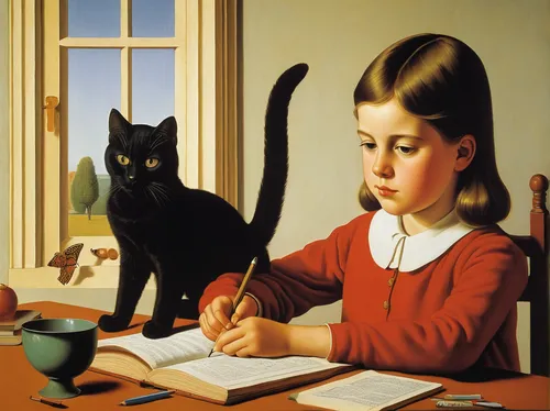 girl studying,children studying,child with a book,tutor,grant wood,home schooling,girl at the computer,tutoring,to write,homeschooling,author,girl with cereal bowl,writers,learn to write,writer,black cat,the girl studies press,elizabeth nesbit,two cats,children drawing,Art,Artistic Painting,Artistic Painting 06