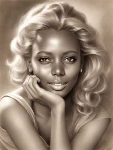 Beautiful blonde woman in the style of Boris Vallejo, in sepia tones, a pencil drawing portrait with brush strokes, soft lighting, a full body with her head resting on her hands, a romantic and myster