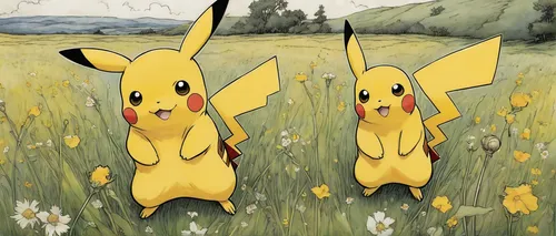 pika,pikachu,pokemon,buttercups,flying dandelions,pokémon,cartoon flowers,cute cartoon image,dandelions,pokemon go,yellow grass,pokemongo,grass family,calochortus,daffodils,spring background,daffodil field,meadow play,springtime background,dandelion field,Illustration,Retro,Retro 25