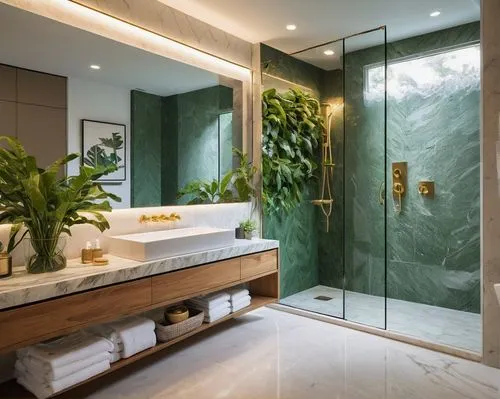 Luxurious bathroom, modern architectural design, large rectangular mirror with golden frame, LED lights underneath, marble countertop, white sink, faucet, towels, toilet, shower room, glass door, rain