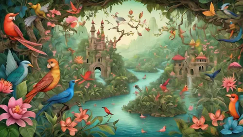 fairy world,fairy village,fairy forest,bird kingdom,enchanted forest,cartoon forest,children's fairy tale,3d fantasy,mermaid background,fantasy world,fairy tale,wonderland,children's background,fairytale forest,cartoon video game background,a fairy tale,fairy tale castle,garden of eden,dream world,fantasy picture,Illustration,Realistic Fantasy,Realistic Fantasy 02