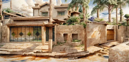 popeye village,mud village,ancient city,resort,mountain settlement,seaside resort,atlantis,resort town,concept art,maya civilization,imperial shores,background with stones,wooden houses,ruins,ancient buildings,escher village,egyptian temple,floating islands,stone desert,nativity village